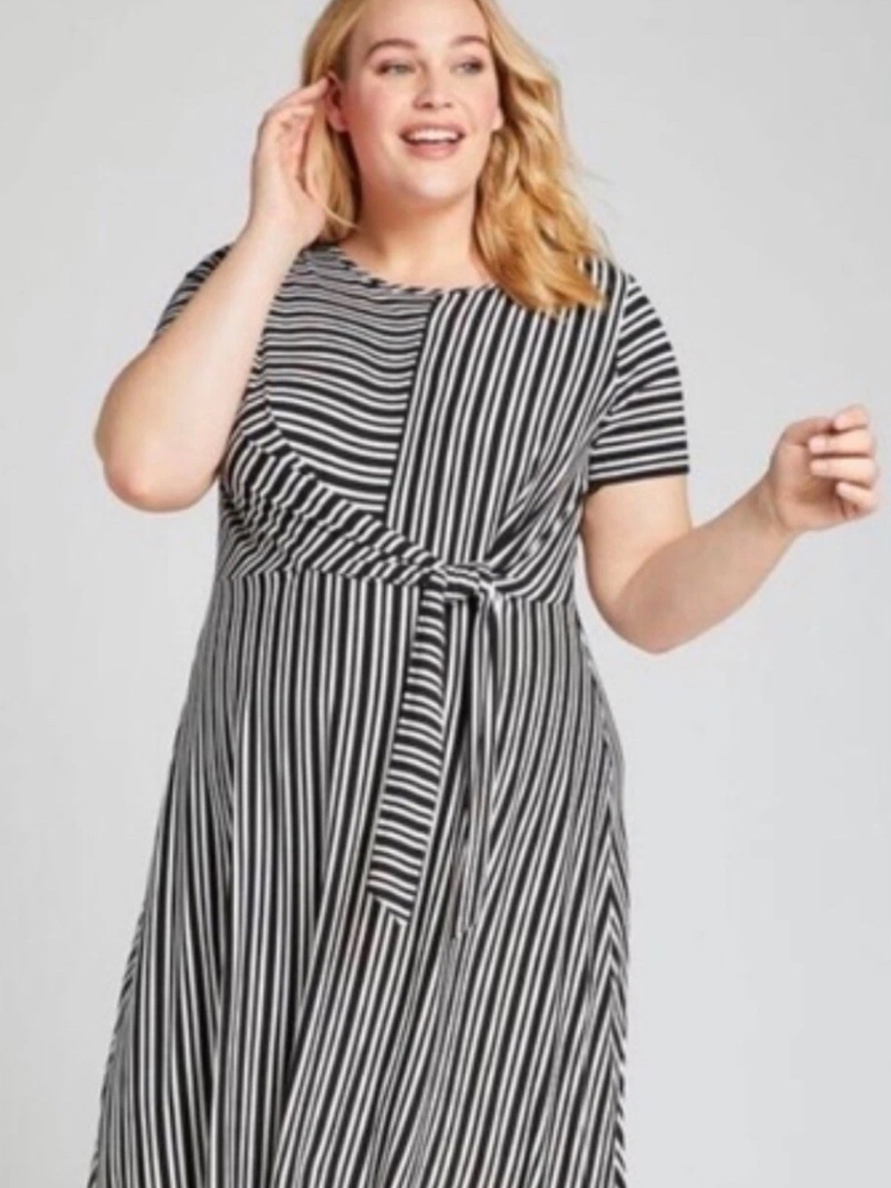 Lane Bryant Black and White Striped Asymmetrical Tie-Waist Dress